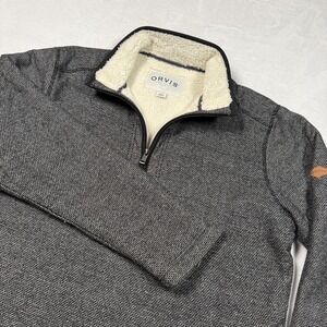 Orvis Sweater Mens Large Gray Sherpa Lined Quarter Zip Mock Neck Pullover